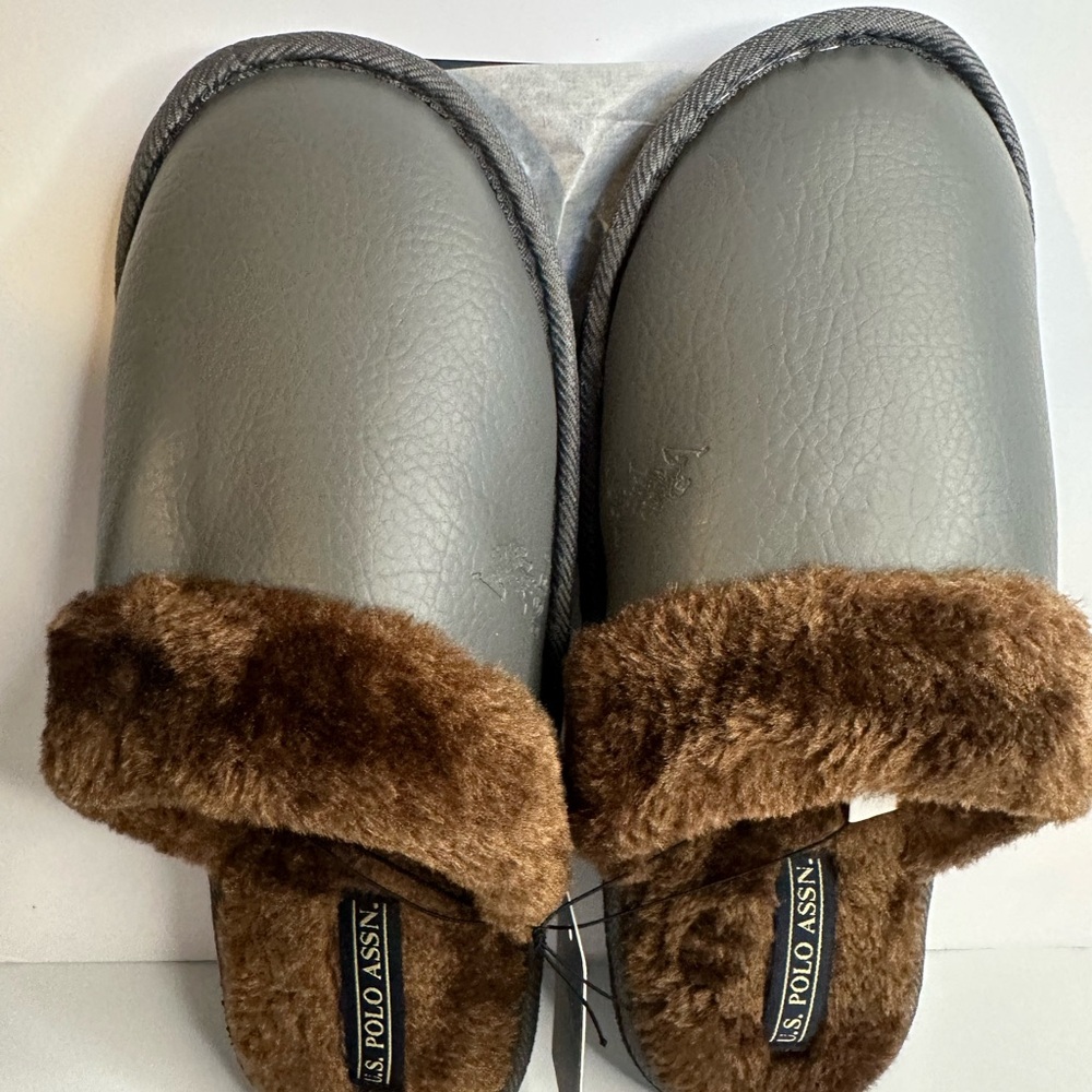 U.S. Polo Assn. Gray Slippers with Brown Fur Lining